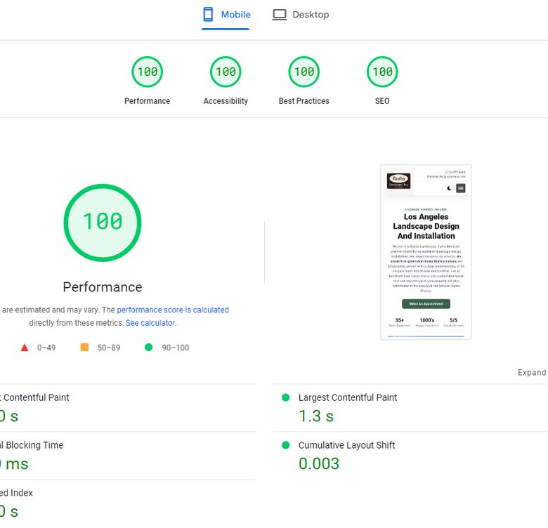 une capture d'écran montrant les scores parfaits de Google PageSpeed